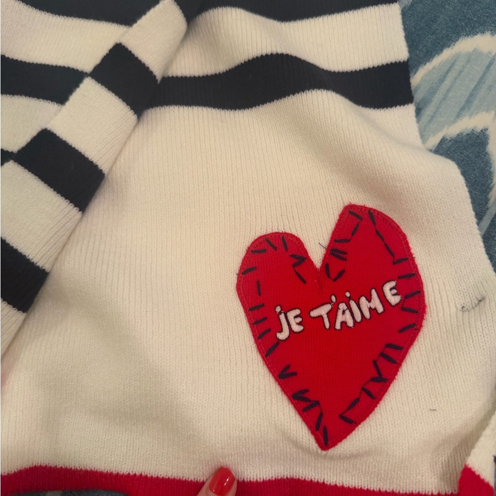 Aqua x Kerri Rosenthal Collab Red and Navy Striped Knit Sweater with Heart Patch